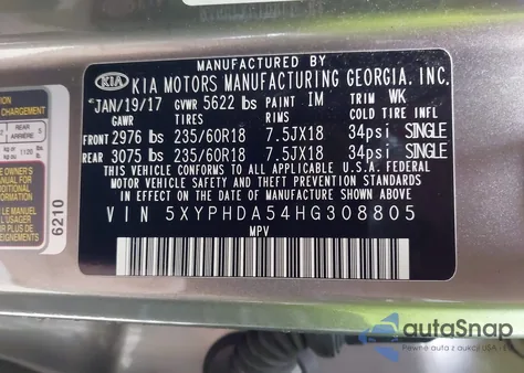 2017 Kia Sorento 3.3L Ex z USA, uszkodzony, nr VIN 5XYPHDA54HG308805